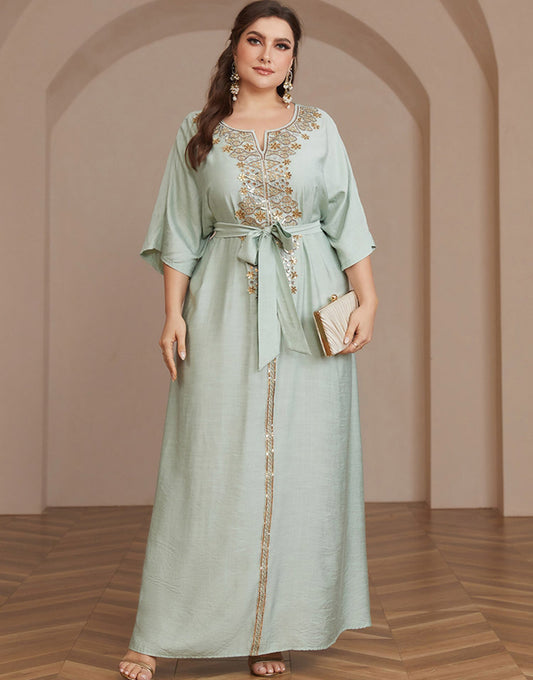 Robe Kaftan Abaya Brodée Grande Taille Gris Vert