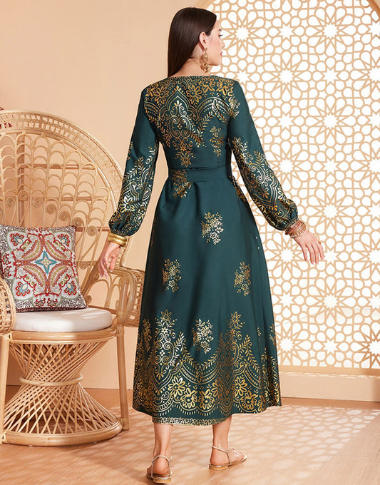 Robe ceinturée à imprimé floral vert foncé Robe caftan Abaya