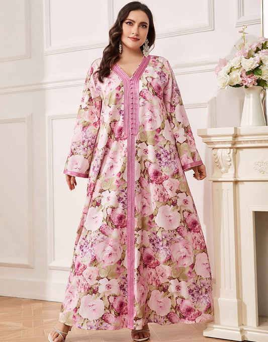 Robe caftan Abaya grande taille à fleurs Rose Pin avec ceinture