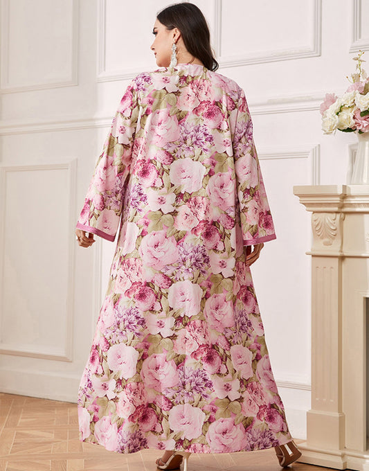 Robe caftan Abaya grande taille à fleurs Rose Pin avec ceinture