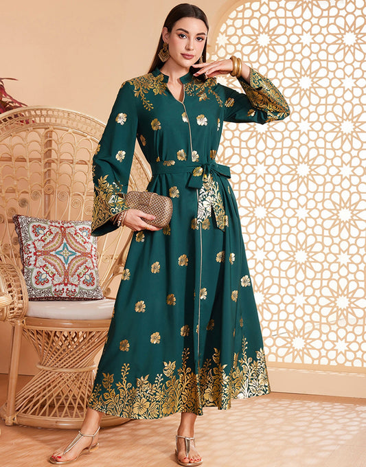 Caftan marocain Abaya à col en V perlé vert foncé