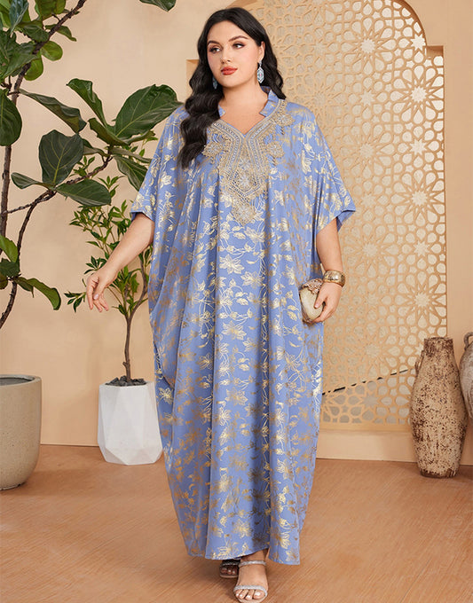 Robe caftan marocaine Abaya grande taille imprimée bleu gris