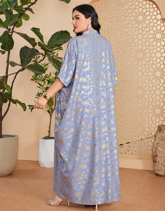 Robe caftan marocaine Abaya grande taille imprimée bleu gris