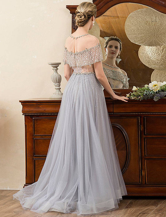 Robe de la mère de mariée en tulle gris, ligne A, perlée et pailletée