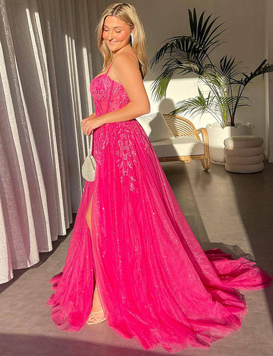 Robe de bal longue à paillettes fuchsia avec fente