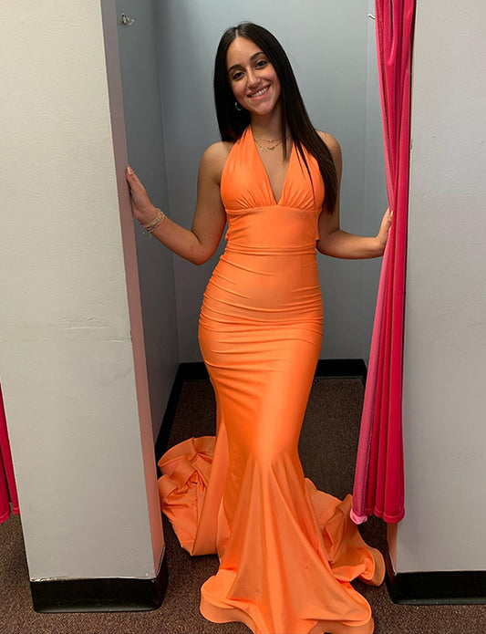 Robe de soirée longue sirène sans bretelles - orange