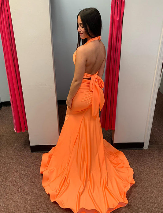 Robe de soirée longue sirène sans bretelles - orange