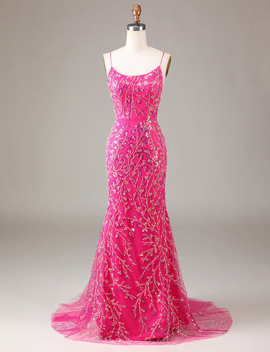 Robe de cérémonie longue et brodée de perles Fuchsia étincelante