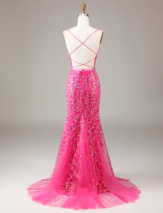 Robe de cérémonie longue et brodée de perles Fuchsia étincelante