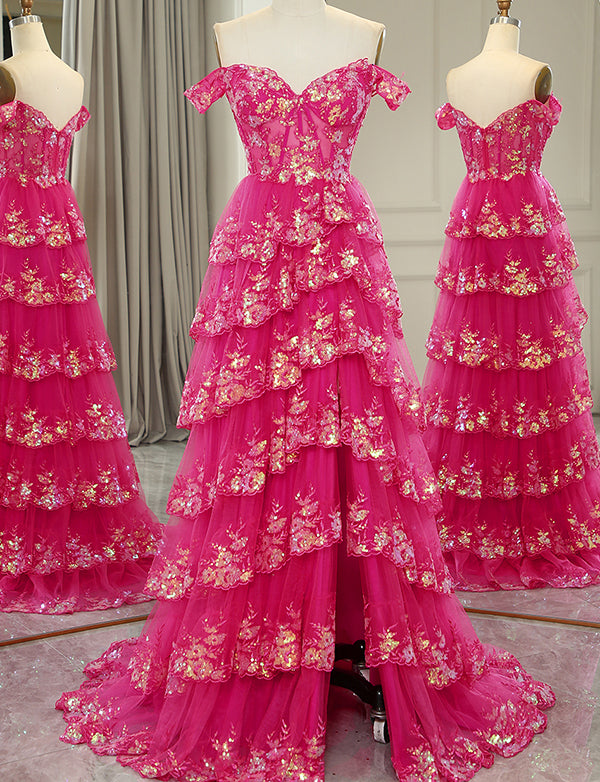 Robe longue de bal de fin d'année rose avec applications