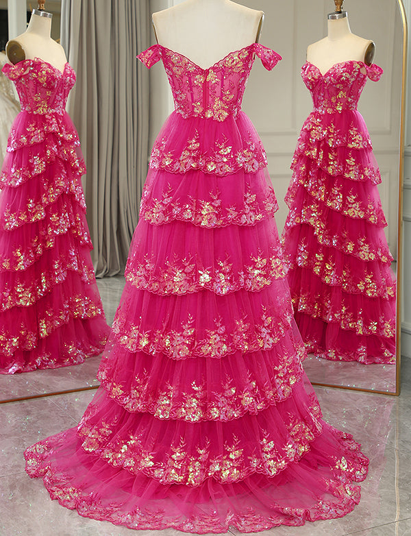 Robe longue de bal de fin d'année rose avec applications