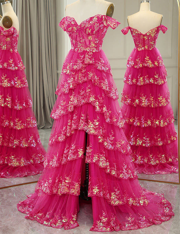 Robe longue de bal de fin d'année rose avec applications