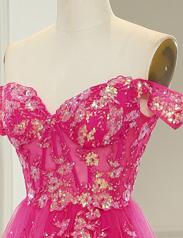 Robe longue de bal de fin d'année rose avec applications