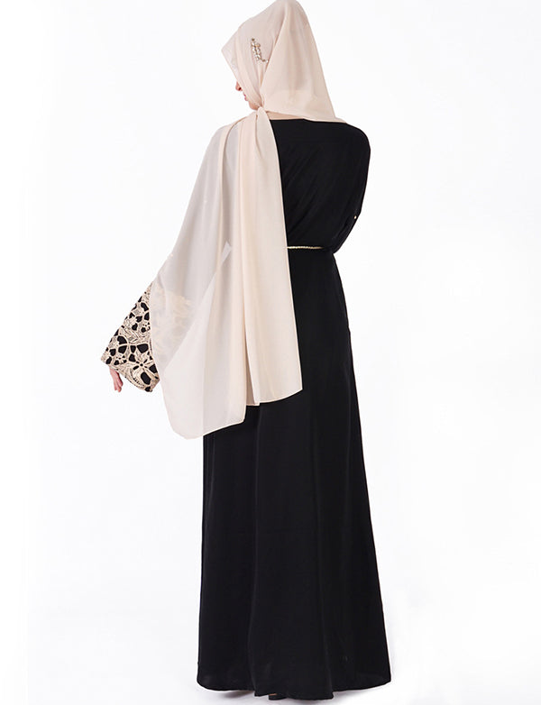 Robe Abaya pour femmes musulmanes Dentelle Dorée