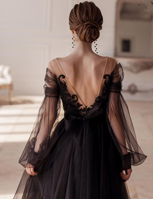 Dressself Robe de Soirée Vintage Noir en Tulle à Col en V Tenue de Soirée